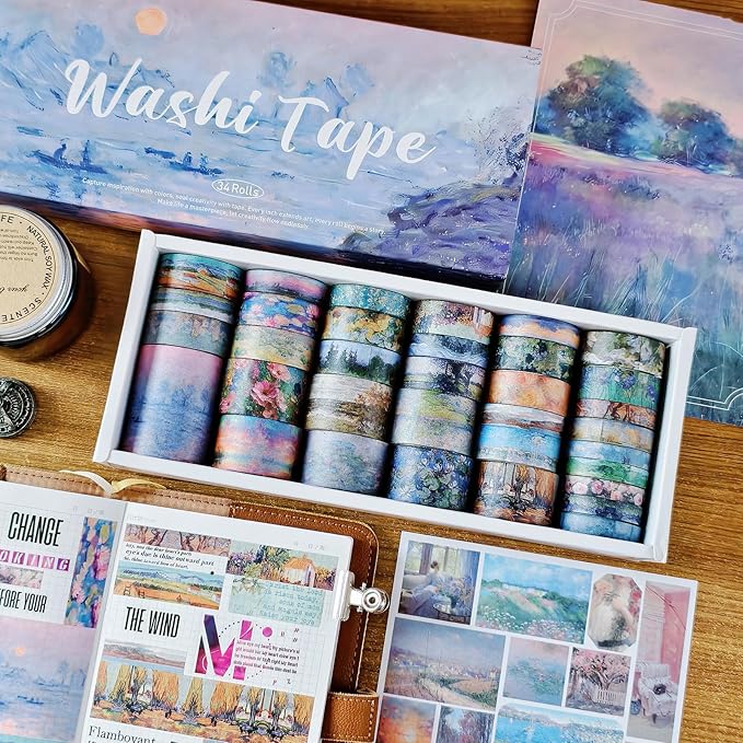 34 Rolls Washi Tape, Aesthetic Colored Decorative Cute Scrapbook Tape for Scrapbooking Supplies Journaling Craft Junk Journal