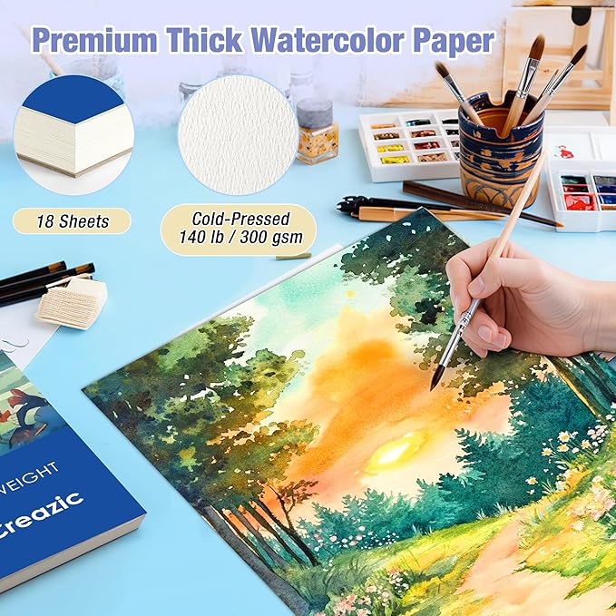 Watercolor Paper Pad 9"x12" (140lb/300gsm) - Acid-Free Artist Sketchbook| Cold-Pressed Heavyweight Water Color Paper for Adults, Kids & Beginners - Ideal for Watercolors, Mixed Media & Crafts (Blue)