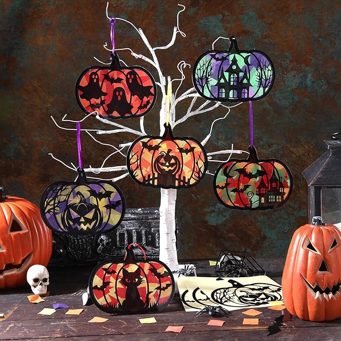 30 Pcs Halloween Suncatchers Paper Craft Set Pumpkin Bat DIY Stained Glass Effect Tissue Paper Kits Gift Bulk for Halloween Classroom Activities Art Party Decor