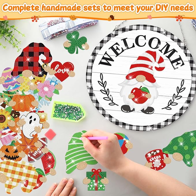 33 Pcs Magnetic Diamond Art Set Interchangeable DIY Gnome Diamond Painting Decor Detachable Welcome Sign Seasonal Door Hanger Gnome Party Decorations Gift for Home Wall Front Door(Stylish)