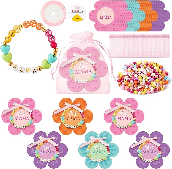 BeYumi Mom Bracelet Craft Kit - 24 Pack Mother's Day Mama Letter Heart Beads Bracelets with Flower Gift Cards and Bags DIY Thankful Craft Kit to Mothers School Classroom Family Party Fun Activities