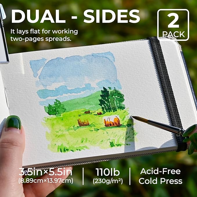Funto Watercolor Journal, 3.5x5.5, 2 Pack, 24 Sheets Each, Cold-Pressed with Inner Pocket, 110lb/230gsm, Suitable for Techniques and Mixed Media