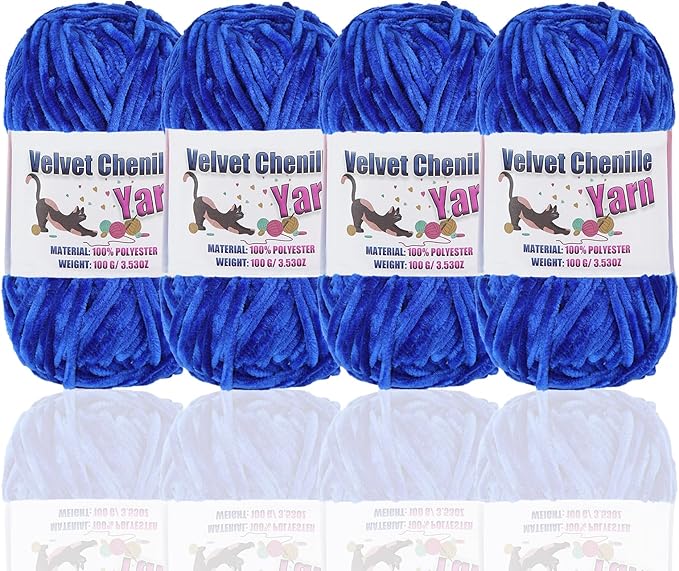 4 * 100g Fluffy Velvet Chenille Yarn for Crocheting and Knitting, Handcrafts Weaving Soft Chenille Yarn for Crocheting Clearance, Used for Making Baby Yarn Blanket, Clothes, DIY Craft (Sapphire Blue)