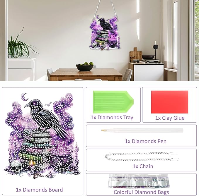 SENQAO Halloween Diamond Art Hanging Kits for Adults Beginners, DIY Acrylic 5D Special Shaped Crystal Diamond Gem Art Painting Hanging Ornament for Home Wall Decor and Gift（Crow Book Skull）