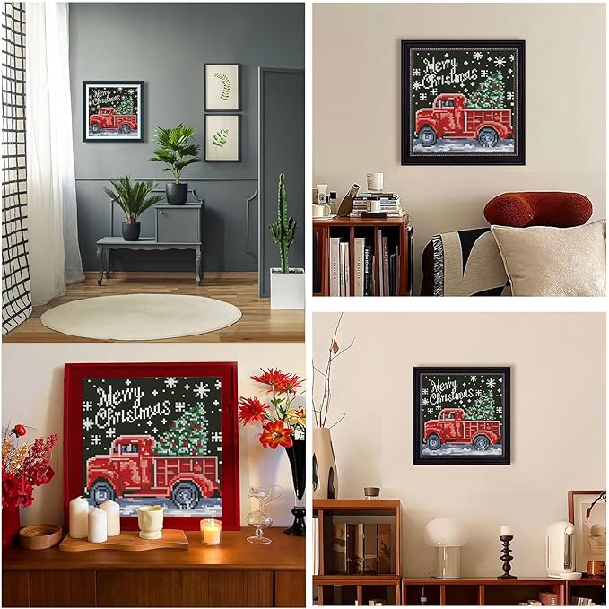 Zhenqing Christmas Joy Cross Stitch Kit – 11CT 9.45x9.45 Inch Aida Cloth with Vintage Truck, Tree & Snowflakes – Festive Embroidery Set for Holiday Decor(67901)