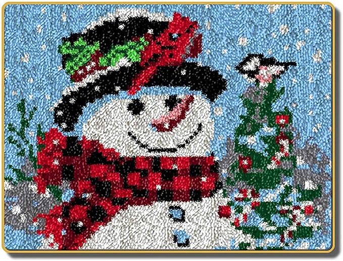 ZFFLYH Christmas Snowman Latch Hook Rug Kits, DIY Rug Crochet Yarn Kits Printed Color Canvas Christmas Decoration and Activity 20.5X15 Inch