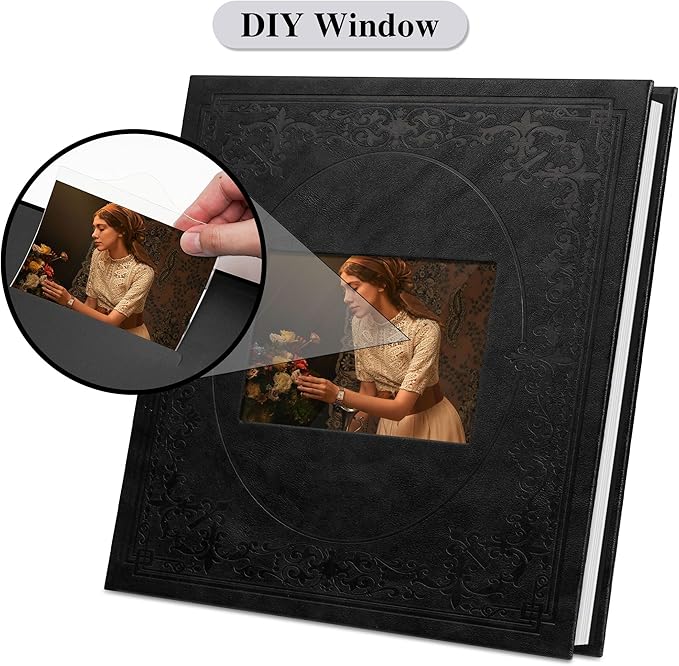 Vienrose Self Adhesive Faux Leather Photo Album with Window DIY Scrapbook Kit for 4x6 5x7 8x10 Pictures, Memory Book for Baby Kids Wedding Journal School Polaroid, 20 Sheets(40 Pages) Black