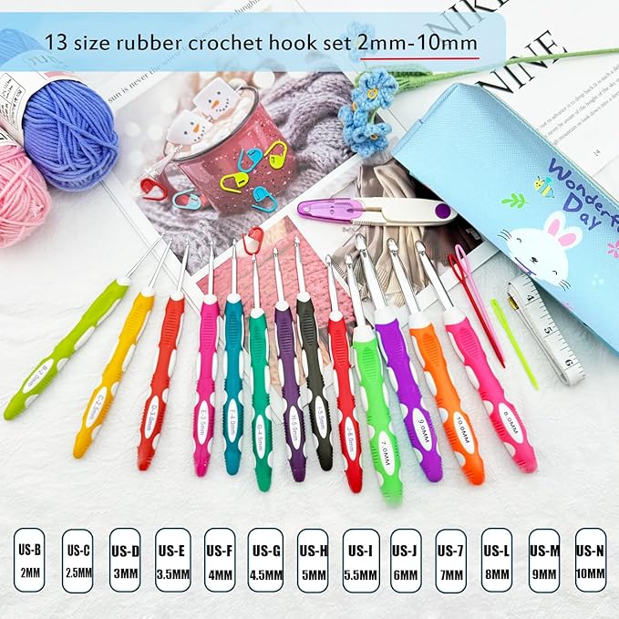 Weabetfu 13 Size Crochet Hook Set,2mm(B)-10mm(N) Ergonomic Crochet Hooks with Case,Extra Long for Arthric Hands,Soft Grip Crochet Hooks Needles for Beginners&Gift