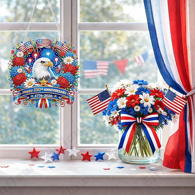 Eiflow 250th Anniversary Diamond Art Hanging Kit for Adults, DIY Diamonds Painting Door Hanger Board Kit 4th of July, Acrylic Crystal Diamond Art Painting Pendant Ornament (Ealge)