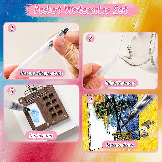 Mini Watercolor Paint Set, 12 Colors Portable Pocket Watercolour Travel Kit with 8 Grid Wood Paint Palette, Sketchbook, Metal Clip, Water Brush for Painters Artists Students