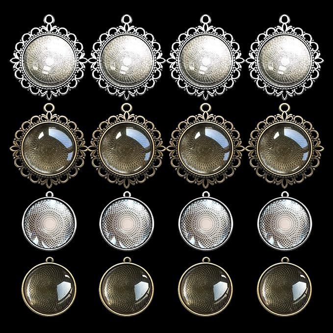 Allazone Round Double-Sided Pendant Trays and Glass Cabochon with Key Ring for Bracelet Necklace Crafting DIY, Gift Making by Seasonsky