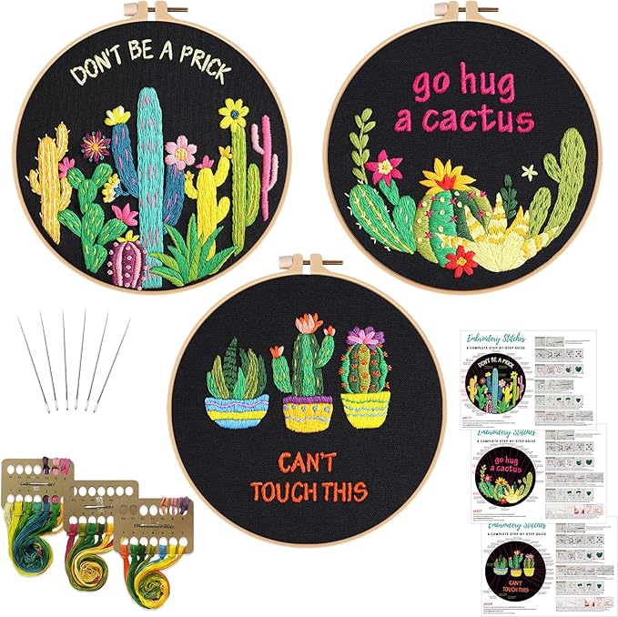 Louise Maelys Funny Cactus Embroidery Kits for Beginners,Cross Stitch Kit for Adults,Starters DIY Needlepoint Including Plant Pattern,Hoop,Instruction and Threads