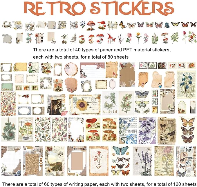 Gorofit Retro Scrapbook Supplies Kit, 200 Sheets of Mixed Natural Color Paper and Sticker Pack, Used for Diaries, Scrapbooks, Crafts, Collages, Murals, Bullet Diaries (Plants and Butterflies)