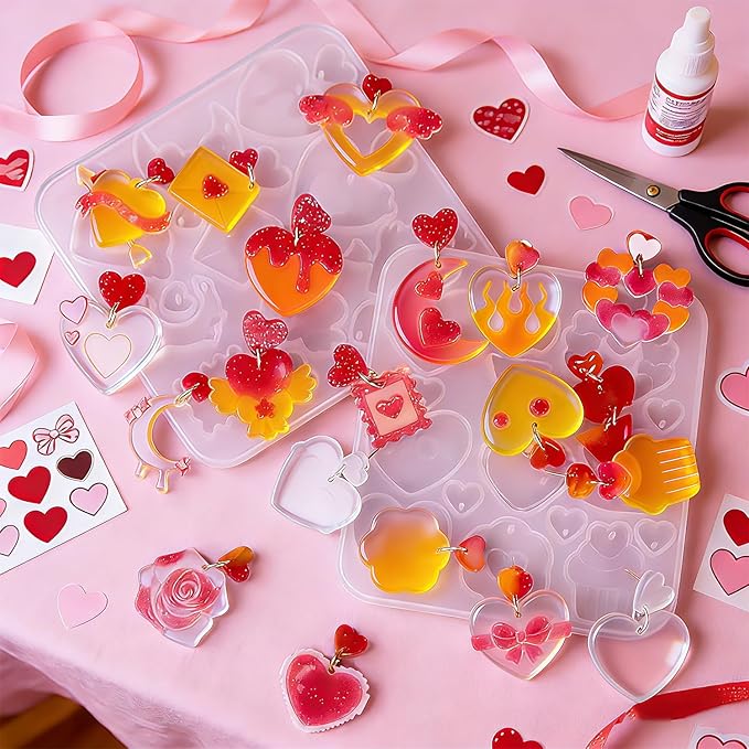 4 Pack Heart Resin Earring Molds Love Heart Flower Shape Earring Silicone Molds for Mother's Day Epoxy Casting UV Resin Molds with 200 Earring Hook kit for DIY Crafts Jewelry Making Keychains Pendant