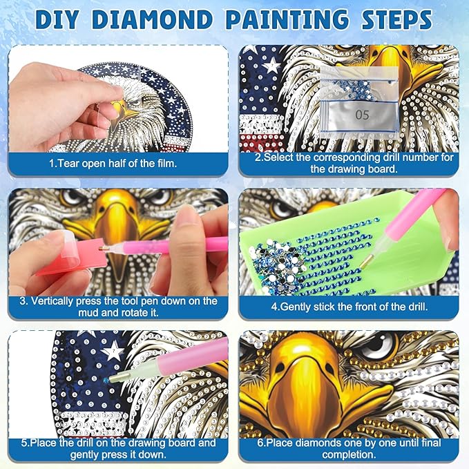 DOMROM 4TH of July Diamond Art Hanging Kit for Adult, Eagle Diamond Art Hanging Kit, Patriotic DIY Diamond Art, Independence Day Diamond Hanging Pendant, Window Pendants Garden Wall Hanging Ornament