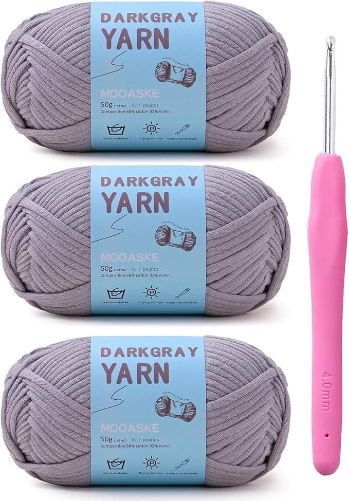 3 Pack (3 x 50g) Crochet Yarn with Crochet Hook - Worsted Medium Yarn for Crocheting - Easy-to-See Stitches Cotton-Nylon Blend Beginner Knitting Yarns for Adults and Kids