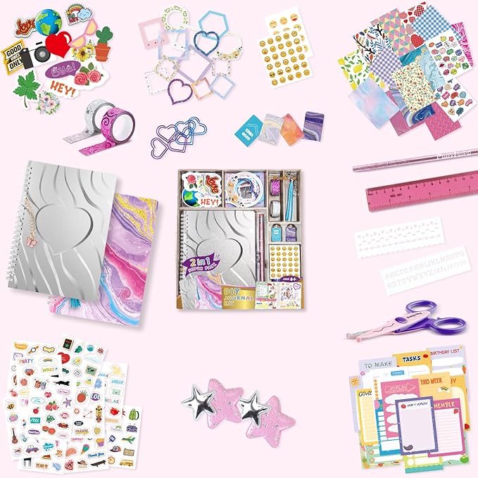 perryhome 2-pack diy journal kit for girls - 200+pcs journal set for teen & tween girls, journaling art & crafts kits,scrapbook&diary supplies set, christmas gifts for 8 9 10 11 12 13 14 year old girl