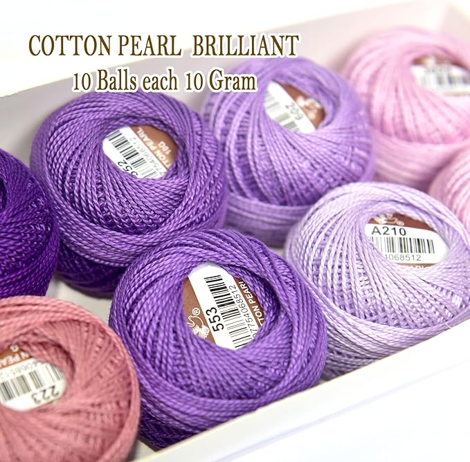 Double Mercerized Egyptian Long Staple Cotton Pearl Thread Ball 10 Grams Rainbow Color Embroidery Thread 10 Colors per Box for Crochet Hardanger Cross Stitch Hand Embroidery,Purple Series