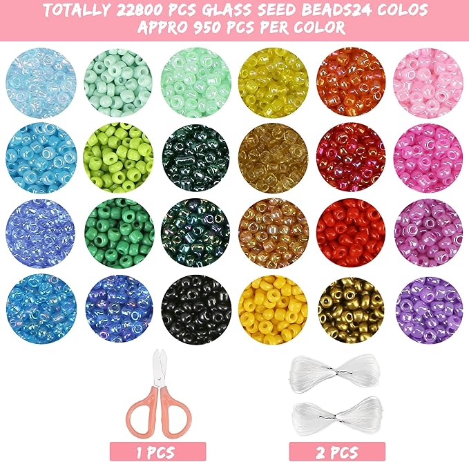 greentime 22800pcs glass seed beads for bracelets making kit, small craft beads 11/0 waist beads for diy bracelet necklaces craft making supplies (24 colors)