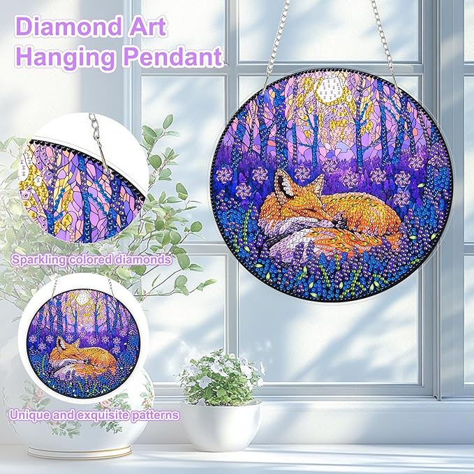 TOSTOG Fox Diamond Art Hanging Kits for Adults, Purple Jungle Diamond Painting for Adults Window Pendant, Special Shape Diamonds Diamond Painting Hanging Pendant Kit for Wall Home Decor Gift