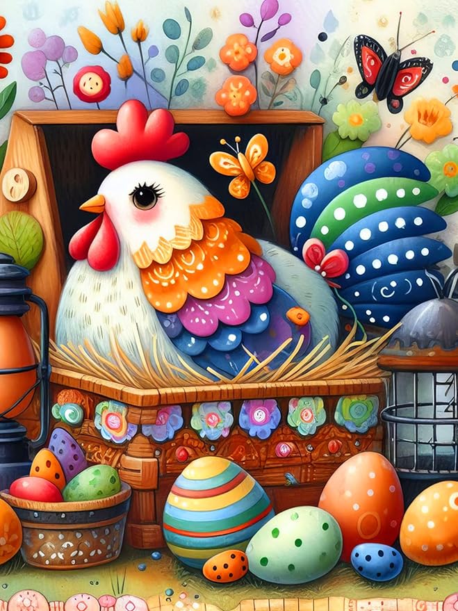 Axquilon Easter Chicken Diamond Art Kits for Adults-Easter Eggs Diamond Painting Kits for Adults, DIY 5D Spring Full Drill Gem Art Crafts Kits for Home Wall Decor 12x16 in