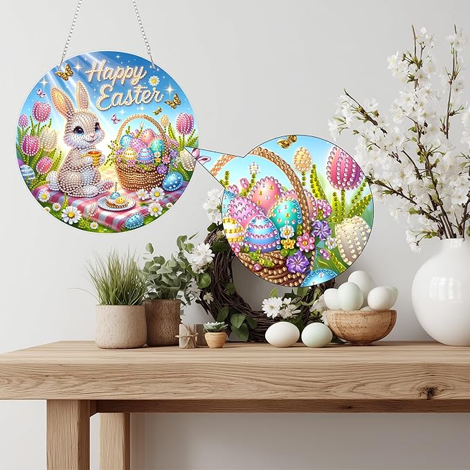Aeepics Hanging Diamond Art Kit for Adult Easter Rabbit, DIY Diamonds Painting Pendant Ornament Kit, Acrylic Diamond Art Painting Board Kit (Happy Easter)