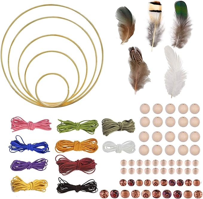Gywantt DIY Dream Catcher Kit - 5 Gold Metal Hoops, 50 Feathers, 10 Pcs Faux Suede Cord, 60 Wood Beads