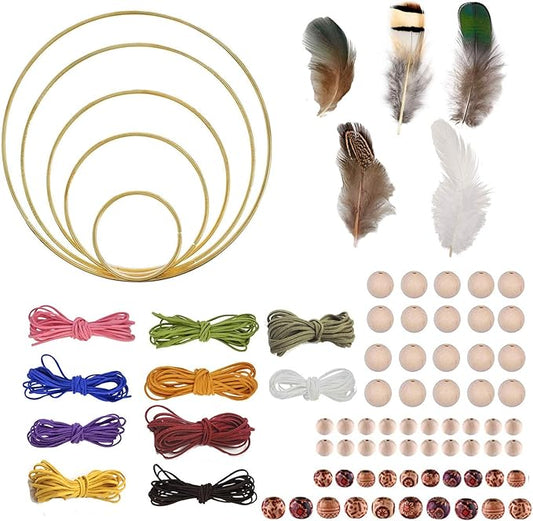 Gywantt DIY Dream Catcher Kit - 5 Gold Metal Hoops, 50 Feathers, 10 Pcs Faux Suede Cord, 60 Wood Beads