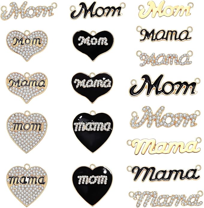 18/20PCS Mama Charms for Jewelry Making Rhinestone Heart Birthday Mother’s Day Charms Letter Mama Mom Pendants for Necklace Bracelet Making DIY Crafts