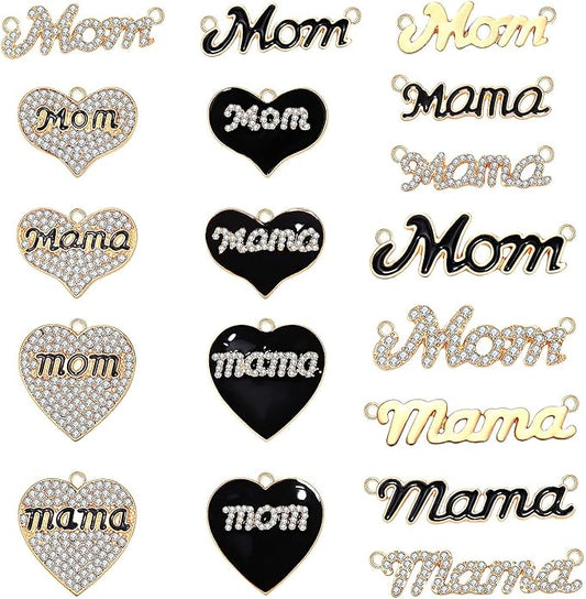 18/20PCS Mama Charms for Jewelry Making Rhinestone Heart Birthday Mother’s Day Charms Letter Mama Mom Pendants for Necklace Bracelet Making DIY Crafts