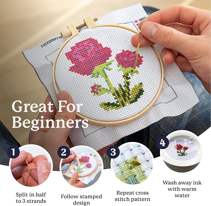 kraftex stamped cross stitch kits for beginners (flower theme - 6.75 inch - 4 pack 1 x embroidery hoop) embroidery needlepoint patterns for adults, includes poppy, rose, sunflower and pansy