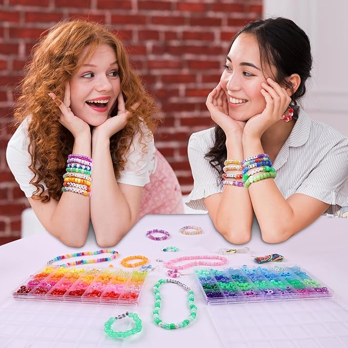 3080 Pcs Pony Beads for Bracelet Making Kit, 56 Colors 6x9mm Rainbow Kandi Beads, Friendship Kandi Bracelet Kit with 800 Pcs Colorful Alphabet Letters for Jewelry Making for DIY Crafts Gifts