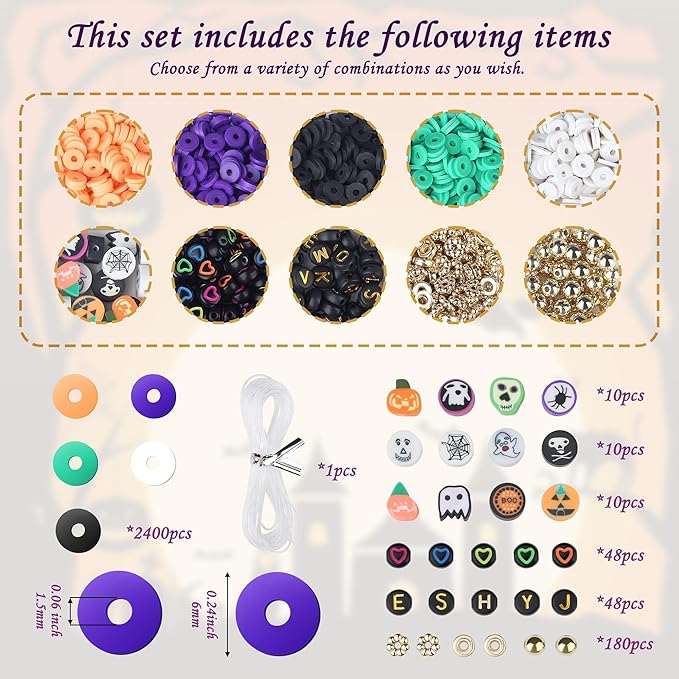 XIANNVXI 2700pcs Halloween Clay Beads Orange Purple Black White Green Jewelry Making Kit Friendship Bracelet Supplies with Halloween Pattern Clay Beads DIY Crafts Kit