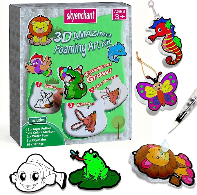skyenchant aqua 3d foaming art kit for kids, paint by number craft with inflatable animals, creative gift for girls & boys ages 4-10, christmas birthday stocking stuffer (animal friends)