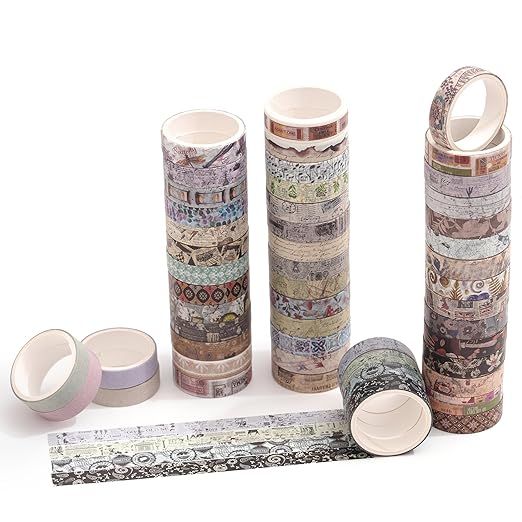 YUBBAEX Vintage Washi Tape Pack 50 Rolls Retro Printed Masking Tape Antique Patterns Decorative for Arts, DIY Crafts, Journal Supplies, Planners, Scrapbook, Card/Gift Wrapping