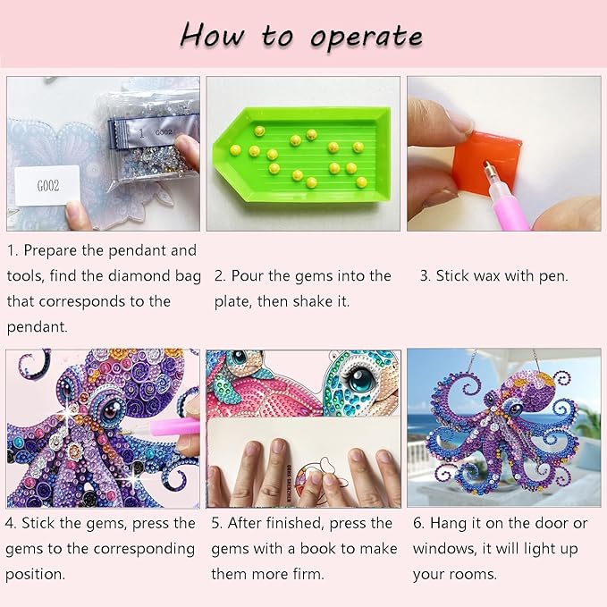 Muzagroo Art Diamond Art Kits for Adults, 5D Diamond Painting Kits for Beginners, DIY Special Shaped Diamonds Art Hanging Ornament for Windows 2 PCS Animals Diamond Pendant (Octopus)