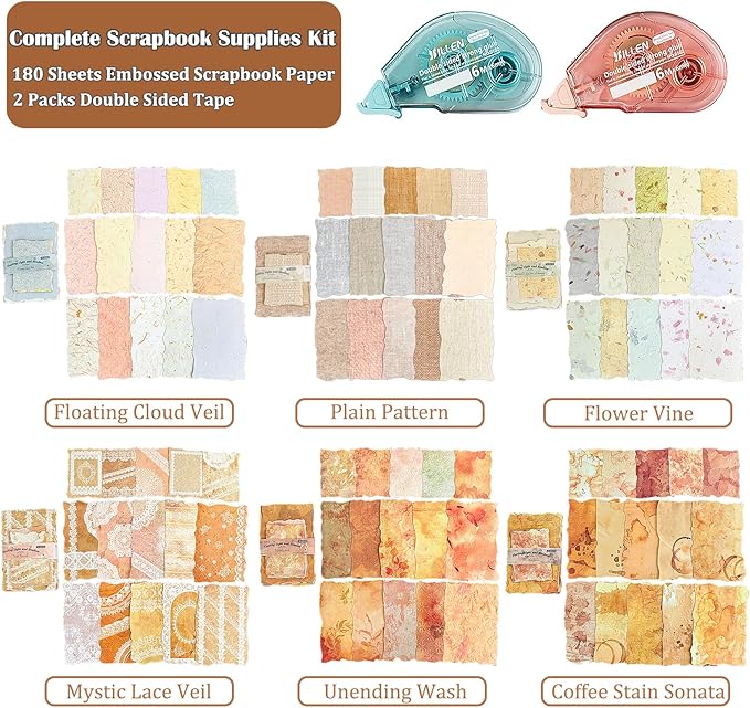 180 Sheets Embossed Textured Scrapbook Paper with 2 Double Sided Tapes, 6 Packs Scrapbook Supplies Kit for Scrapbooking, Junk Journal, Card Making Supplies, Planner, Collage