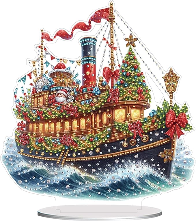 LAKEQUILL Christmas Diamond Art Painting Kits, Tabletop Ornament, Stand Up Diamond Art Desktop Kits for Home Office Decor, New Year Gift - Xmas Sailboat