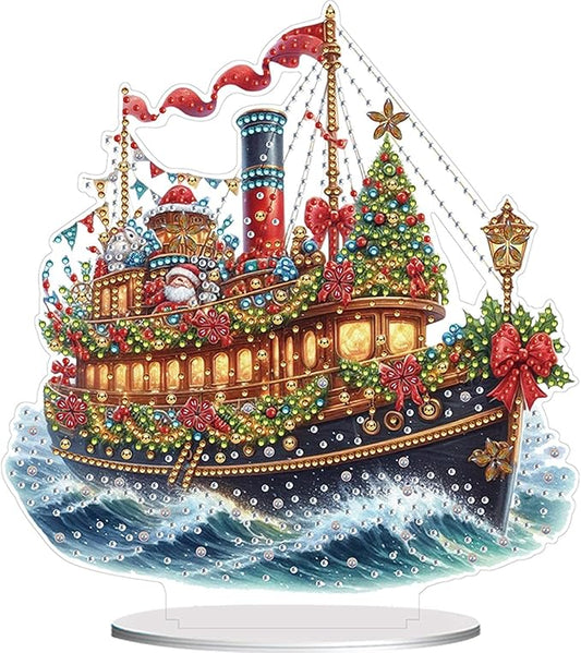 LAKEQUILL Christmas Diamond Art Painting Kits, Tabletop Ornament, Stand Up Diamond Art Desktop Kits for Home Office Decor, New Year Gift - Xmas Sailboat