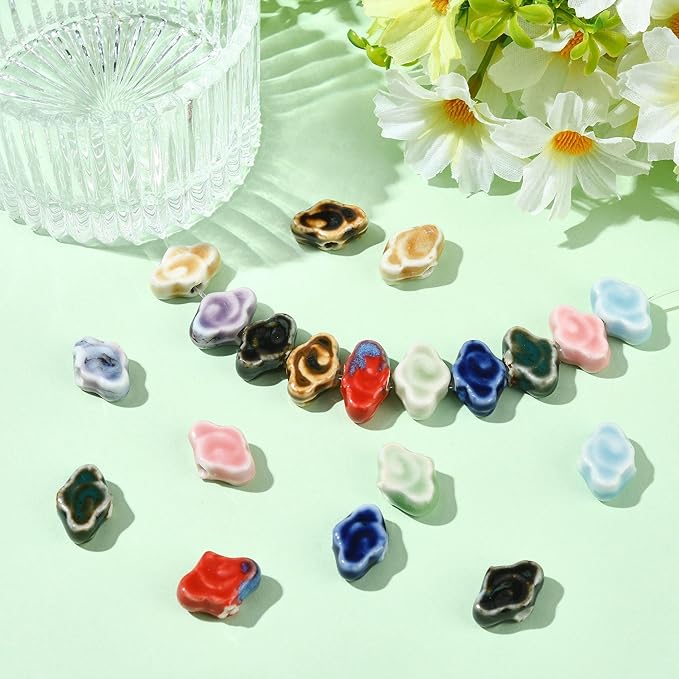 20Pcs Cloud Ceramic Porcelain Large Hole Beads for Bracelets Making 10 Colors Handmade Fancy Antique Glazed Ceramic Spacer Beads for DIY Jewelry Necklaces Earrings Keychains Crafting