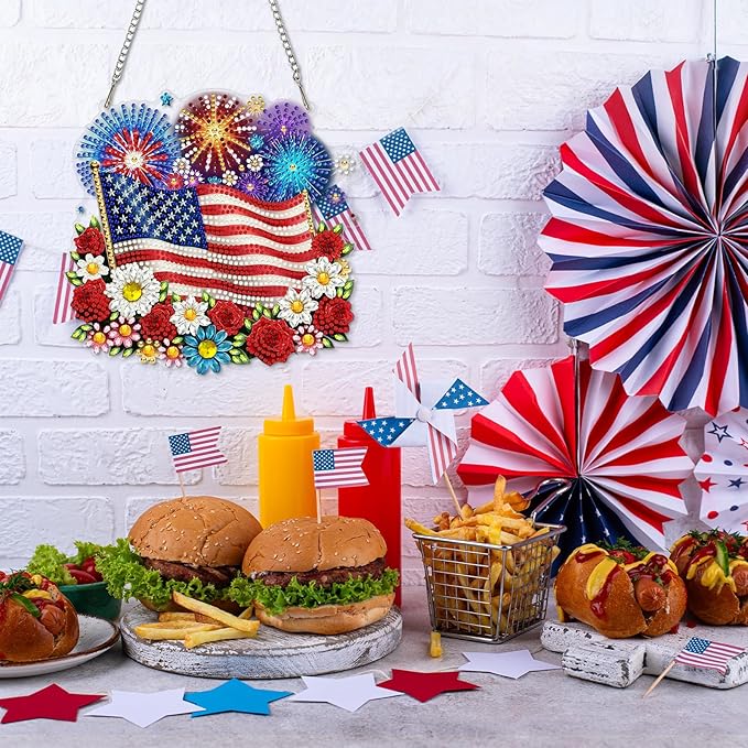 CEOVR American Flag Hanging Diamond Art for Adults, Independence Day Diamond Painting Pendant DIY Gem Art Wall Ornament, Acrylic Home Garden Decor with Chain, Box Kit 7.87×7.67 inch