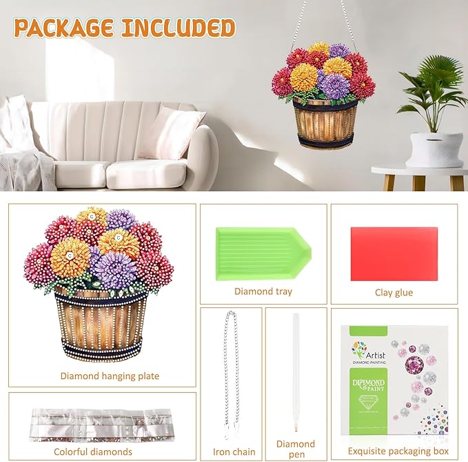 RICUVED Hanging Diamond Art Painting Kit, Special Shaped Crystal Craft Diamond Painting Pendant Kit for Adults Beginners, Barrel Flowers Hanging Acrylic Diamond Art Ornament Kit for Garden Wall Decor