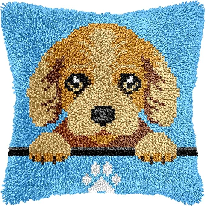 Golden Retriever Puppy Latch Hook Kits for Adults Kids, Beginners DIY Throw Pillow Kit Pre-Printed Pillowcase Hook and Latch Rug Kits Cross-stitch Cushion Cover for Home Sofa Decoration 17x17 in.