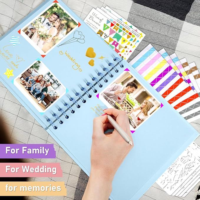 GOTIDEAL 7 x 7 Inch Scrapbook Album with Metallic Marker,40 Pages Kraft Paper Photo Albums for Wedding&Anniversary,Family DIY Scrap Books with Scrapbooking Stickers Corners(Blue)