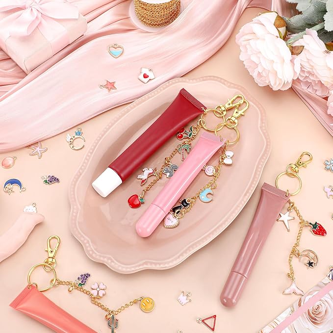 VioraWhite 213 Pcs Lip Gloss Keychain Making Kit 100 Pink Enamel Charms 32.81 ft Gold Chains for DIY Crafts Women(Stylish)