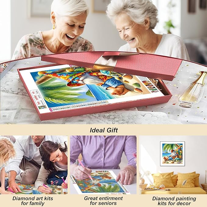 AMORARS Gnome Diamond Painting Kit for Adults, 5D Beach Gnome Diamond Art Beginners - DIY Full Diamond Dot Gem Art Paintings, Gifts,Suitable Home Wall Arts and Craft Paint Kits, 12x12Inch