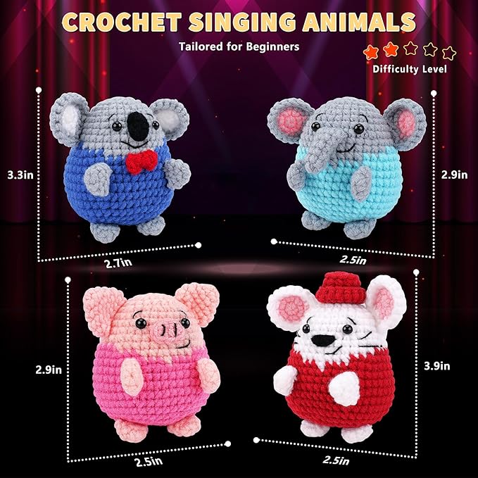 crochet kit for beginners - 4 pcs crochet starter kit with step-by-step video tutorials, for adults - elephant mouse pig koala microphone crocheting set