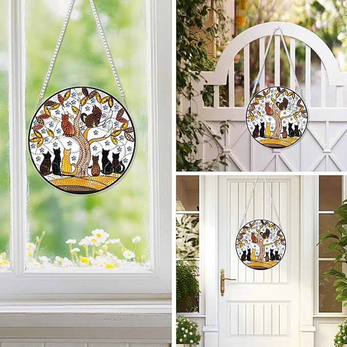EOBROMD Diamond Hanging Art Kits for Adults, Diamond Art Painting Cats on Branch Window Pendant Kits Suncatchers, DIY Special Shaped Rhinestone Adults, Home Wall Decor