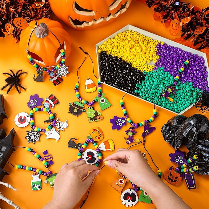 Ferreve 48 Sets Halloween Beads Necklace Crafts Kit Halloween Bracelet Making Kit Ghost Witches Pumpkins Tombstones Pots Black Cats Bats Monsters Beads Craft Gifts for Party Favor