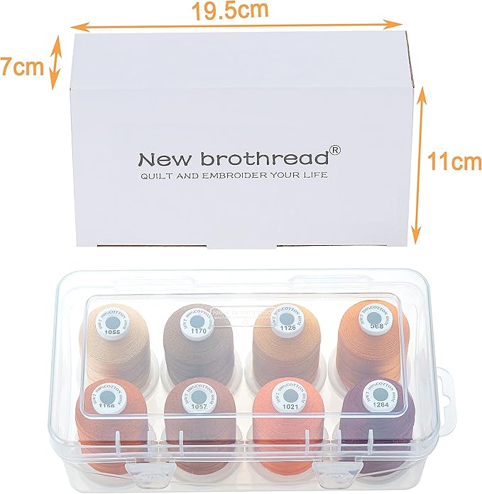 New brothread - 18 Options - Multi-Purpose 100% Mercerized Cotton Thread 50S/3 600M Each Spool for Quilting, Serger, Sewing and Embroidery - 8xCoffee(Different Brown) with Clear Plastic Storage Box